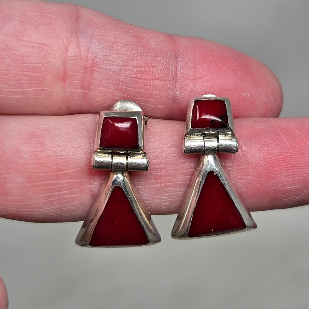 Vintage Mexico 950 Sterling Silver Jasper Stone Geometric Triangle Drop Earrings